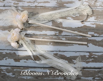 Flower girl wand, Flower girl wands, flower basket alternative, wedding wand, feather wands, ivory flower girl, Shabby chic wedding