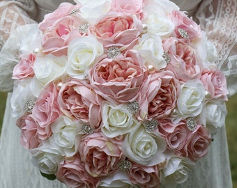 Bling Wedding Bouquet Blush Pink, Round Crystal Pearl Bouquet for Bride, Faux Bridal Bouquet Bridesmaids Bouquets, Rose Peony Bouquet