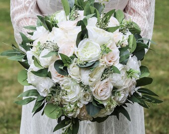 Ivory White & Greenery Artificial Wedding Flowers, Wedding Bouquet, Boho Bridal Bouquet, Bridesmaids Bouquets, Peonies Roses eucalyptu