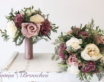 Dusty Rose, mauve  and  Ivory Wedding Bouquet, Wedding Flowers, Bridesmaid Bouquets, Corsage, bridal Flower Package