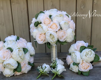 Ivory, Champaign  and Green Wedding bouquet,  Bridal Bouquets, Artificial Bouquets, Peonies, roses, eucalyptus,  corsages, weddings