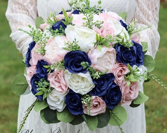 Wedding Bouquets Navy & Blush, Boho Bridal Bouquet Blue, Wedding Flowers Bouquet, Faux Bouquet for Bride and Bridesmaids, Rose Greenery