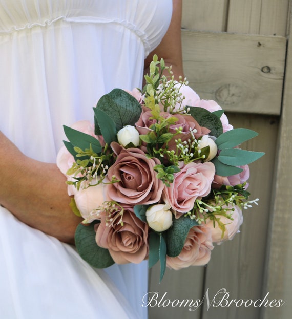 Dusty Rose and Blush Bridal Bouquet, Artificial Wedding Flowers
