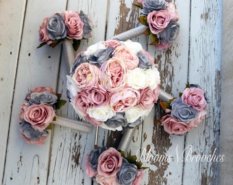 Artificial wedding Bouquets, Dusty Rose, Grey and  Ivory Wedding Bouquet, Wedding Flowers, Bridesmaid Bouquets, bridal Flower Package