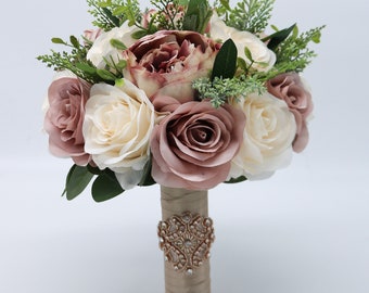 Rose Gold Dusty Rose Silk Wedding Bouquets, Artificial Flowers for Weddings, Bouquet for Bride. Bridesmaids, Boutonnieres and corsages