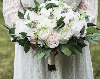 Artificial Bridal Bouquet Ivory White and Green, SilkBoho Bridesmaids Bouquets, Wedding Bouquets Peonies Roses eucalyptus, Faux flowers