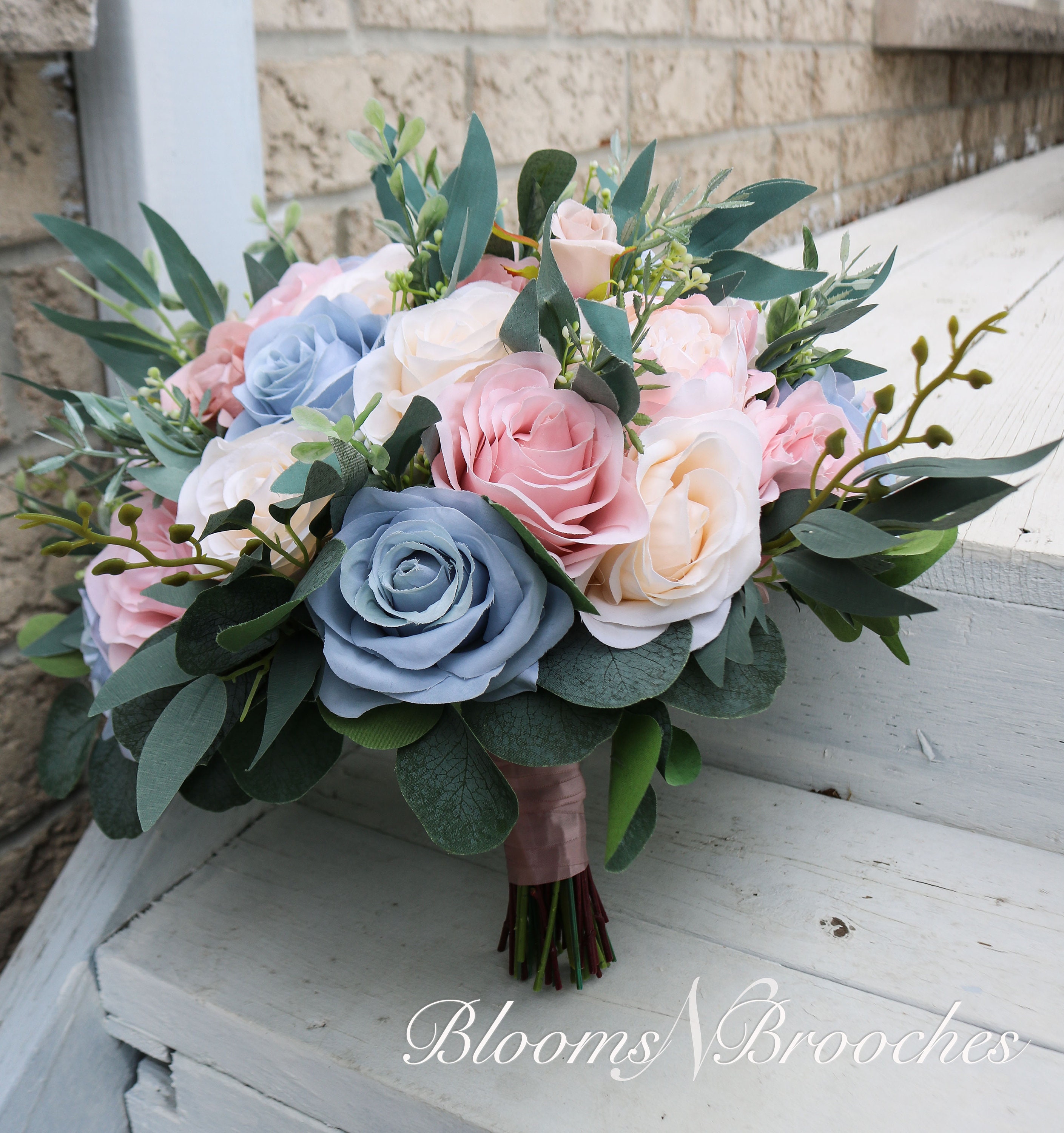 Dusty Rose Blush Dusty Blue Bridal Bouquet Artificial Etsy Australia