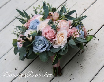 Dusty Rose, Blush, dusty blue  Bridal Bouquet, Artificial Wedding Flowers, Bridesmaid Bouquets, Corsage, bridal Flower, wedding flowers