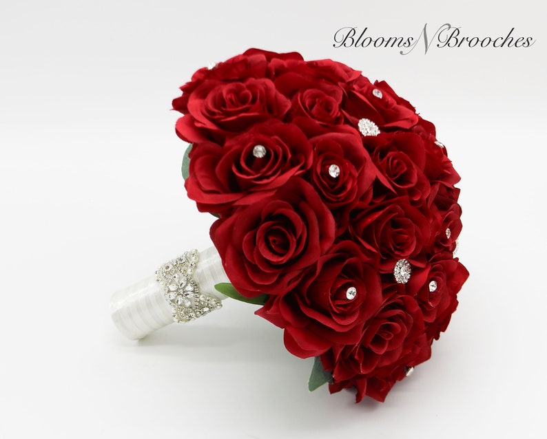 Red Bling Wedding Bouquet Bridesmaids Bouquets Artificial Wedding Flowers Rose Rhinestones Rose Bridal Bouquet