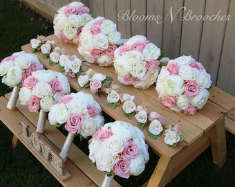 Blush and Ivory wedding flowers, Artificial Bridal and Bridesmaids Bouquets in Blush Pink and Ivory, Silk  boutonnieres and corsages