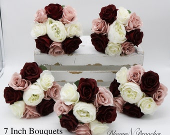 Bouquet de mariée Bordeaux vieux rose, faux bouquets de demoiselles d'honneur, bouquet de mariée artificiel, fausses fleurs de mariage