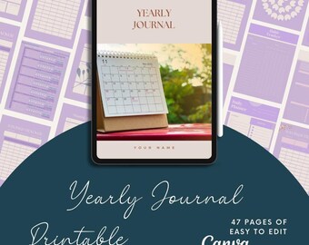 Diario anual editable e imprimible, plantilla de Canva (descarga digital)