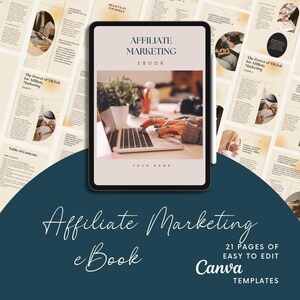 May include: A digital tablet displaying a mockup of an ebook cover titled "Affiliate Marketing Ebook". The cover features a woman's hands typing on a laptop keyboard. The text "Your Name" is at the bottom of the cover. The ebook cover is surrounded by a collage of pages from the ebook, which are in a cream color with black text. The text "Affiliate Marketing Ebook" is also displayed in a larger font at the bottom of the image.