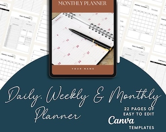 Planificador diario, semanal y mensual, plantilla editable de Canva (descarga digital)