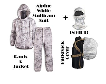 White multicam snow winter Camo Suit + Balaclava and Backpack cover Hunting clothing waterproof winter camouflage alpine windbreaker