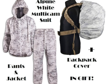 White multicam snow winter Camo Suit + Backpack cover Ultra-Thin and light hunting clothing waterproof winter camouflage alpine windbreaker