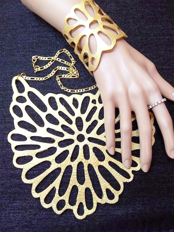 Gold leather set a huge necklace and a wide bracelet evening | Etsy