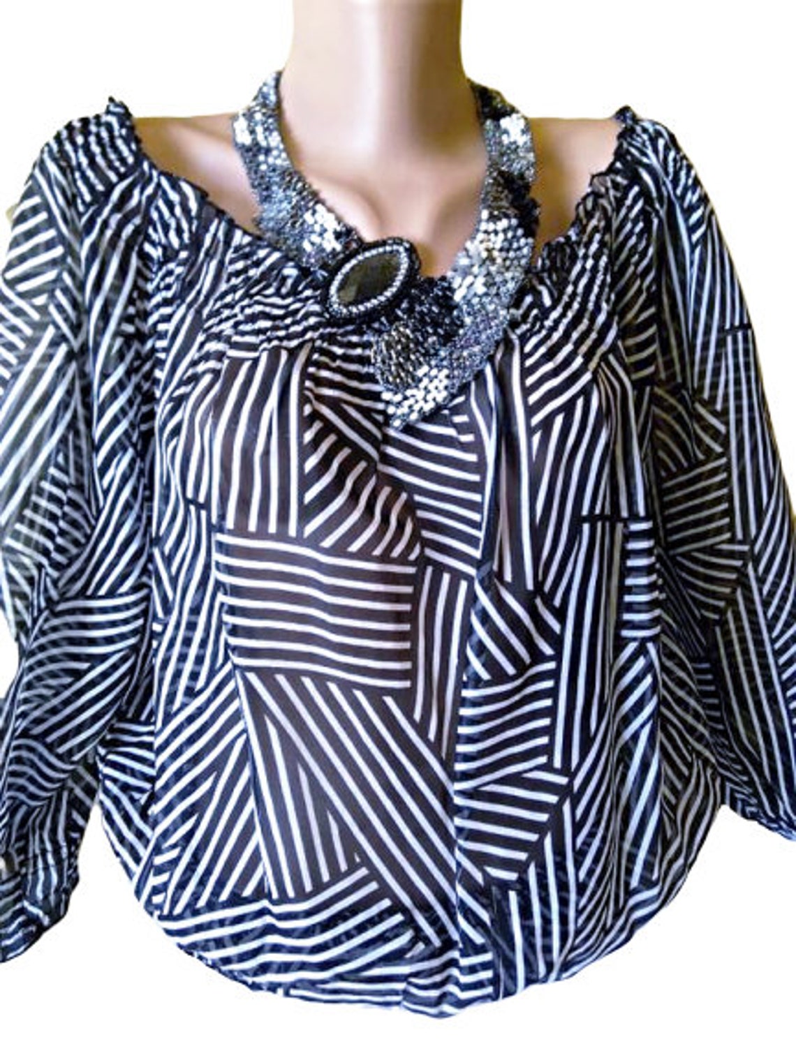 Black and white striped blouse SL raglan sleeve thin chiffon Etsy