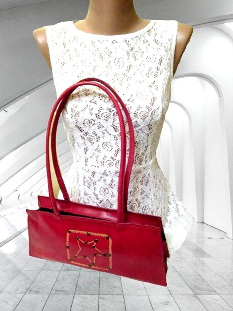 Bolso rojo con asas largas bolso rectangular vintage con Etsy