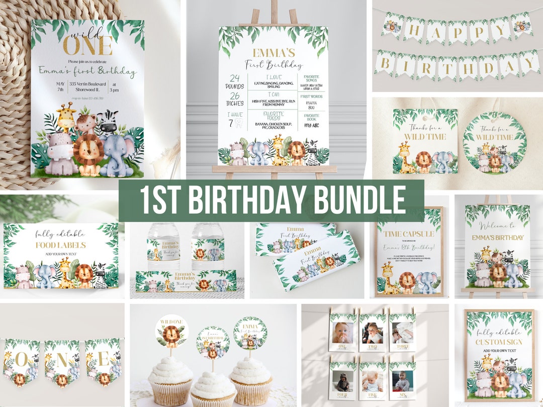 Wild One 1st Birthday Bundle, Safari Birthday Decorations, First