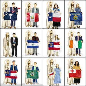 Peut inclure: Illustrations à l'aquarelle de personnages avec des drapeaux représentant divers états et pays. Chaque image présente deux personnages, l'un en robes blanches et l'autre tenant un drapeau. Les drapeaux incluent la Caroline du Sud, le Texas, le Montana, la Géorgie, et d'autres.