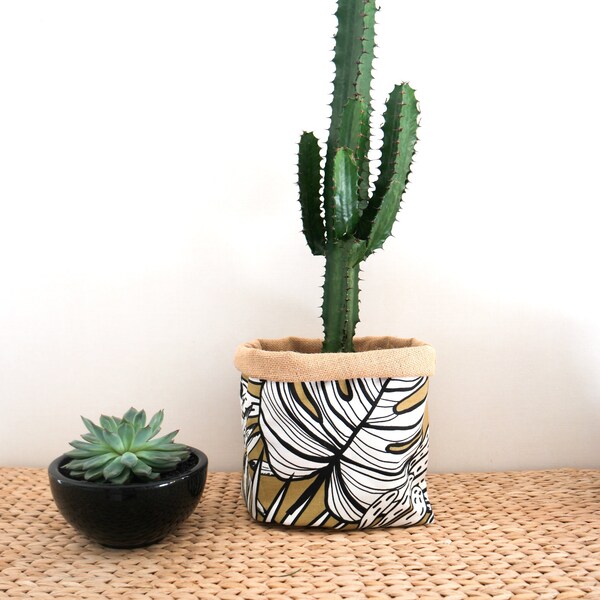 Cache pot en toile de jute, panier bohème, cache pot bohème, cache pot jaune moutarde, cache pot boho chic