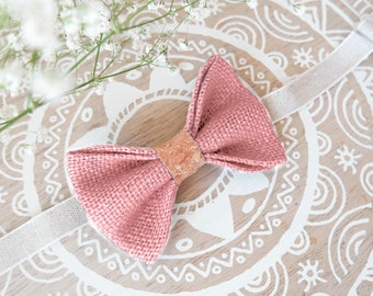 Country bow tie in pink burlap and cork for men