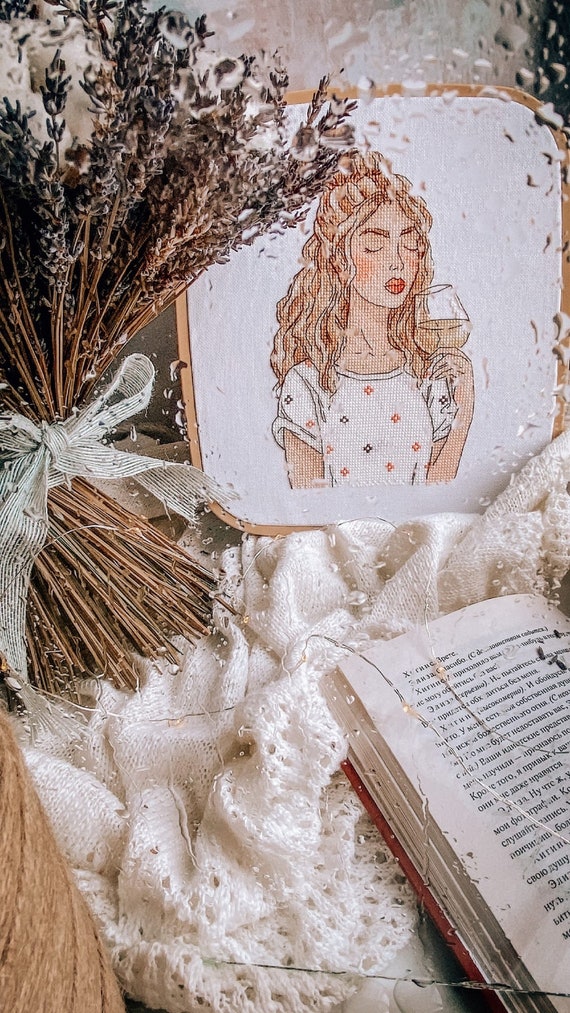 Blond girl with glass of wine cross stitch pattern white wine cross stitch blond hair girl pattern glass of white wine cross stitch