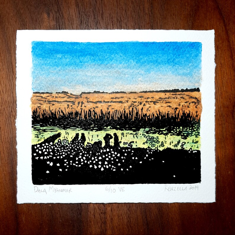Dala woodcut print with watercolor Myanmar