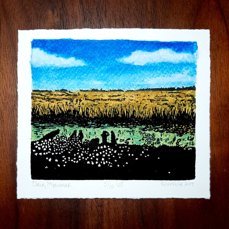 Dala woodcut print with watercolor Myanmar