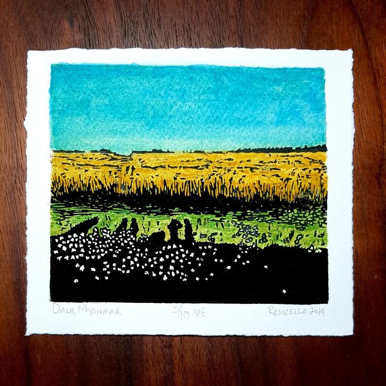 Dala woodcut print with watercolor Myanmar