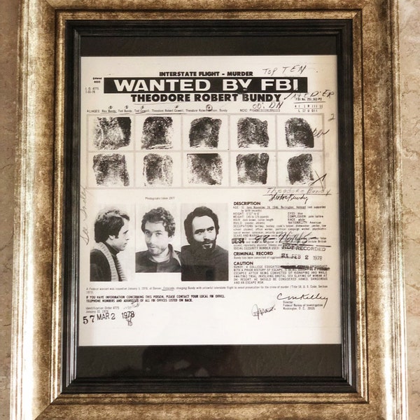 Serial killer art Ted Bundy print old news paper framed print Wanted By the FBI record gift for her, gift for him