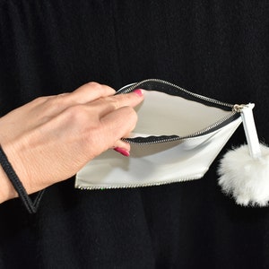 clutch, white and rhinestones, small white pompom clutch, faux leather image 9