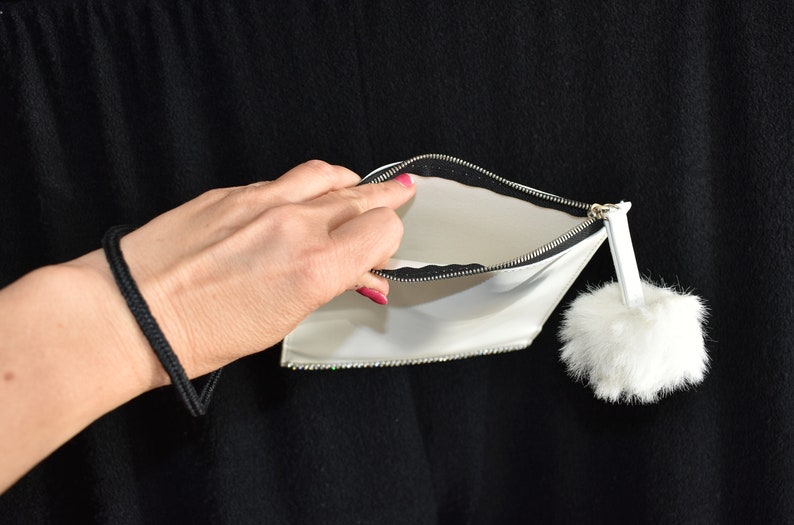 clutch, white and rhinestones, small white pompom clutch, faux leather image 9