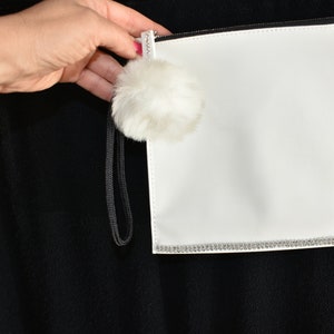 clutch, white and rhinestones, small white pompom clutch, faux leather image 8