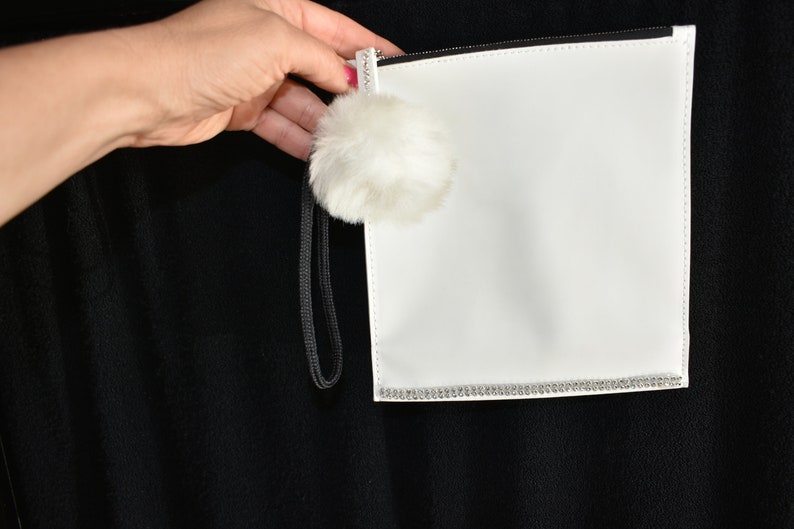 clutch, white and rhinestones, small white pompom clutch, faux leather image 8