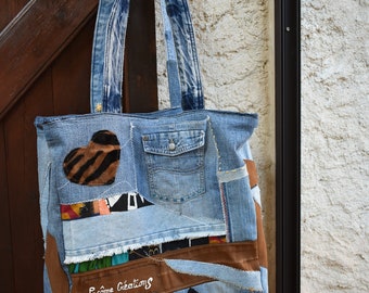 large blue jeans patchwork bag