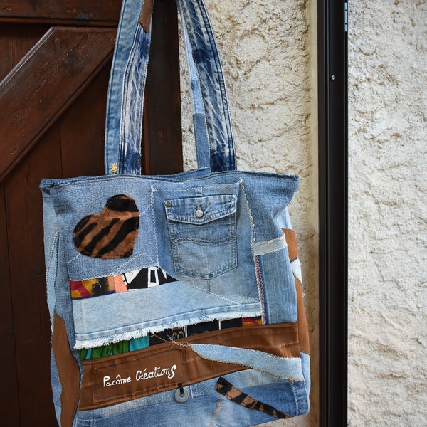 grand sac en patchwork de jeans bleu