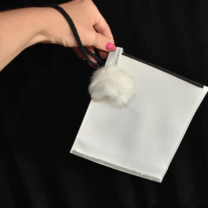 clutch, white and rhinestones, small white pompom clutch, faux leather image 2