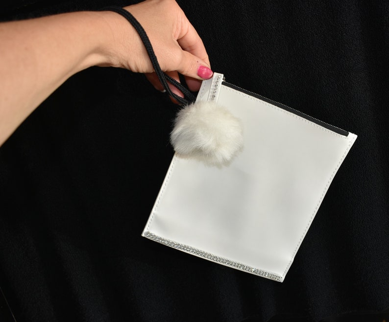 clutch, white and rhinestones, small white pompom clutch, faux leather image 2
