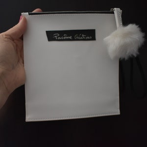clutch, white and rhinestones, small white pompom clutch, faux leather image 4