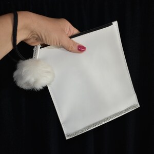 clutch, white and rhinestones, small white pompom clutch, faux leather image 7