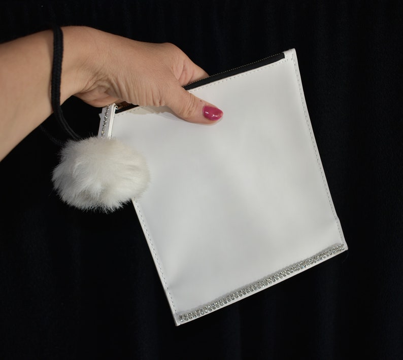 clutch, white and rhinestones, small white pompom clutch, faux leather image 7