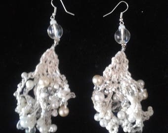 white ivory and silver crocheted bead earrings