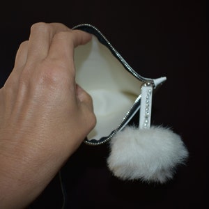 clutch, white and rhinestones, small white pompom clutch, faux leather image 6