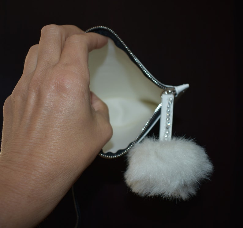 clutch, white and rhinestones, small white pompom clutch, faux leather image 6