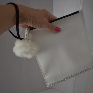 clutch, white and rhinestones, small white pompom clutch, faux leather image 3