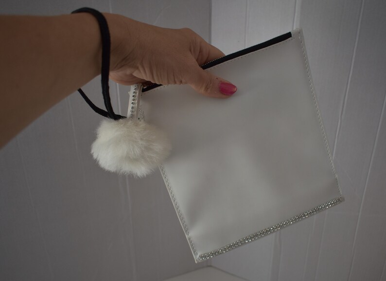 clutch, white and rhinestones, small white pompom clutch, faux leather image 3
