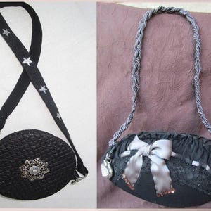 petit sac à main rond noir en tissus imperméable gauffré / sac dentelle et son noeud romantique
