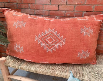 XL Vintage Sabra Vegan Silk moroccan Pillowcase with Hand-Embroidered Geometric Tribal Patterns, Mother's Day, Ibiza, Orange, Gift, Boho